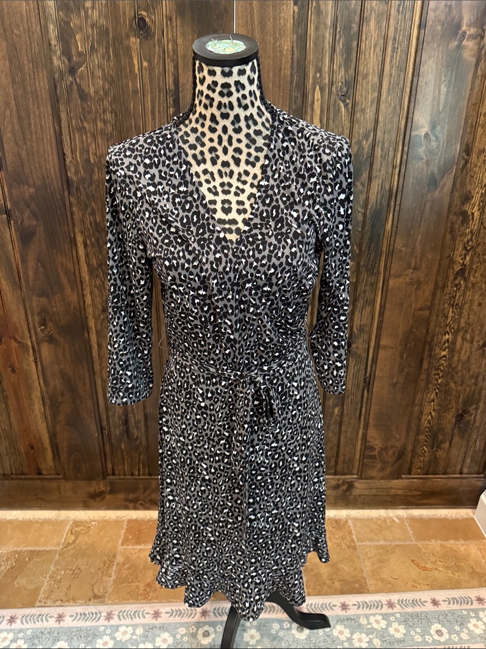Leota Black & White Leopard Midi Wrap Dress